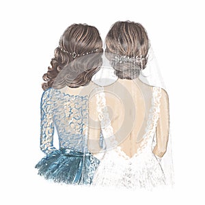 Bride in Veil and Maid of Honour. Hand drawn Illustration photo