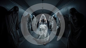Bride walking down aisle surrounded by eerie figures in dark hallway