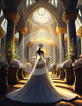 the bride walks to the altar through an aisle full of flowers