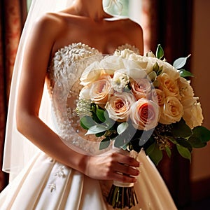 Bride wearing bridal dreas and holding flower boquet for marriage ceremony traditional celebration