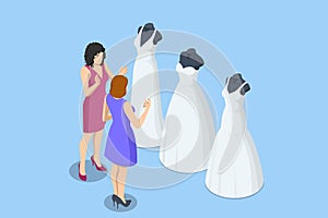 Bride wearing her wedding gown with female dress designer. Isometric woman on her wedding day and choosing a wedding