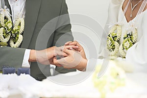 The bride wears a wedding ring on groom on right hand ring finger on her wedding day