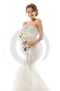 Bride Wedding Dress holding Flower Bouquet. Bridal Beauty Woman Fashion Portrait. Isolated White Background