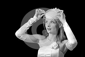 Bride in Wedding Hat raised Veil, Amazed Woman Portrait