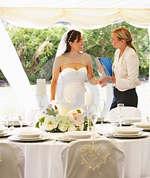 Bride With Wedding Planner In Marquee photo