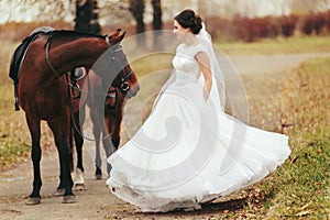 Bride whirls standing behind the brown horses