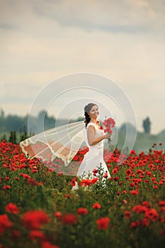 Bride in a white dress with bouquet of red poppies, warm sunset time on the background of the big red poppy field. Copy space. The