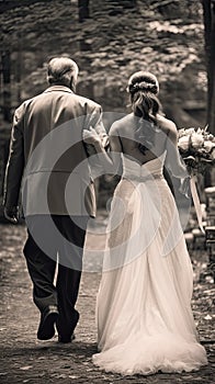 Bride in a white dress walking arm-in-arm with an older man in a suit along a wooded path, symbolizing a father-daughter moment