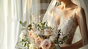 a bride in a white wedding dress, captured in a close-up image, with a delicate bouquet of flowers, standing by the