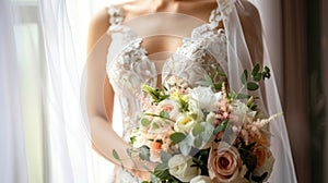 a bride in a white wedding dress, captured in a close-up image, with a delicate bouquet of flowers, standing by the