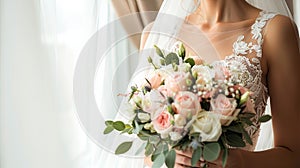 a bride in a white wedding dress, captured in a close-up image, with a delicate bouquet of flowers, standing by the