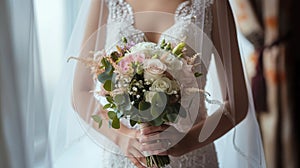 a bride in a white wedding dress, captured in a close-up image, with a delicate bouquet of flowers, standing by the