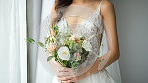 a bride in a white wedding dress, captured in a close-up image, with a delicate bouquet of flowers, standing by the photo