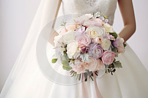 Bride in white wedding dress holding bridal bouquet