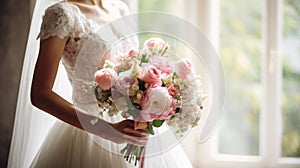 Bride in white wedding dress holding bridal bouquet