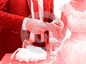 Bridegroom in suit putting a wedding ring on the finger of his bride in white dress.