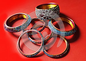 Bridel Bangles For Wedding Top View On Red Color Background Stock Photograph Image