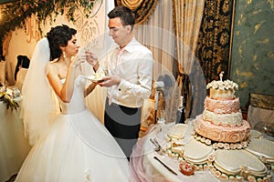 The brides eatting a wedding cake photo