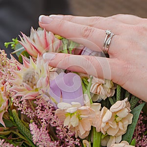 Brides wedding ring with bouquet