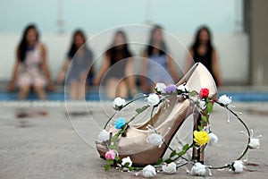 Bridesmaid concept cover photo having women high heels tiaras in focus and 5 girls in BG