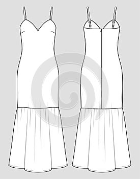 Bridesmaid maxi dress. Fishtail hem. Fashion sketch. Vector illustration.