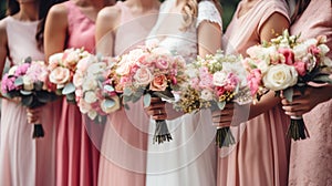 Bridesmaids in pink dresses and bride holding beautiful bouquets. Beautiful luxury wedding blog concept. Summer wedding