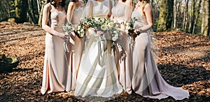 Bridesmaids in powder pink pastel dresses are standing near the bride and groom outdoors. Beautiful girls on wedding day. Elegant