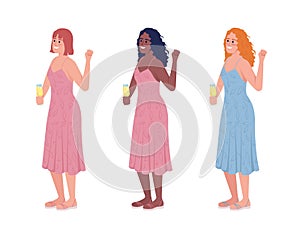 Bridesmaids with sparkling wine glass semi flat color vector character set