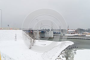 Bridge of the 100th anniversary of Regaining Independence at winter time at Sobieszewska island at Gdansk, Poland