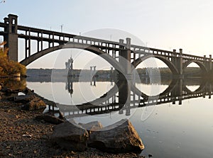 The bridge across the Dnieper river in Zaporozhya in the evening