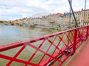 Bridge across river Rhone on winter sunny day, Lyon