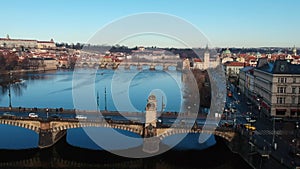 Bridge aerial view European city Prague footage Czech Republic. view Praha aerial survey flight over rooftops. survey on