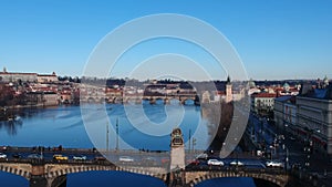 Bridge aerial view European city Prague footage Czech Republic. view Praha aerial survey flight over rooftops. survey on