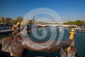 Bridge of Alexander III in Paris against Eiffel Tower in France
