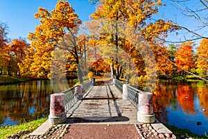Bridge in Alexander park in autumn, Tsarskoe Selo Pushkin, Saint Petersburg, Russia