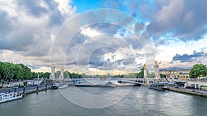 Bridge of Alexandre III spanning the river Seine timelapse hyperlapse. Paris. France.