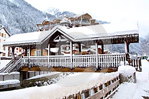 Bridge in alpine Chamonix town, French Alps