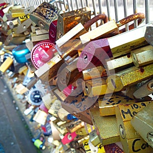 Bridge of the Archbishopric Pont de l`ArchevÃªchÃ© love lock bridge near the Notre Dame in Paris, France