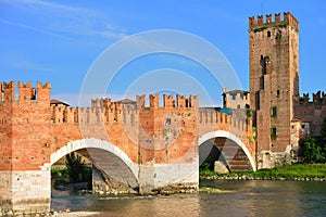 Bridge with archs Castelvecchio over river Adige in Verona Italy