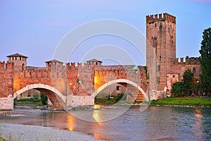 Bridge with archs Castelvecchio over river Adige in Verona Italy