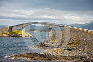 Bridge Atlanterhavsvegen with an amazing view over the norwegian mountains, Atlantic road, Norway