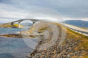 Bridge Atlanterhavsvegen with an amazing view over the norwegian mountains, Atlantic road, Norway