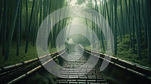 bridge in the bamboo forest on a rainy warm summer day. drizzle and fog