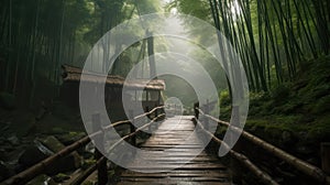 bridge in the bamboo forest on a rainy warm summer day. drizzle and fog