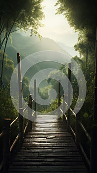 bridge in the bamboo forest on a rainy warm summer day. drizzle and fog