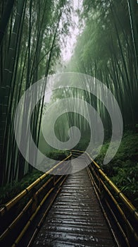 bridge in the bamboo forest on a rainy warm summer day. drizzle and fog