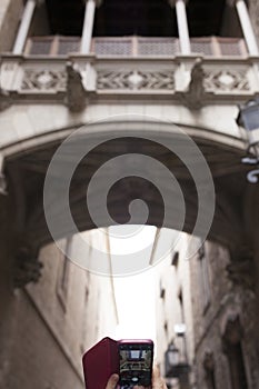 Bridge at Bisbe street, Barcelona, Spain photo