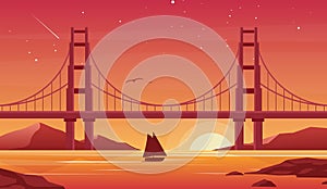 Bridge and boat at sunset flat vector illustration. Beautiful San Francisco landscape, pleasure boat with Golden Gate