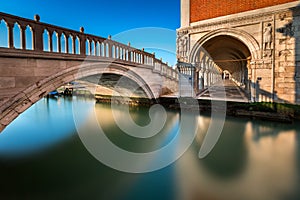 Bridge, Canal and Doge`s Palace Illuminated by Rising Sun, Venice