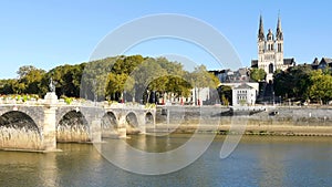 Bridge and cathedral in the city of Angers.